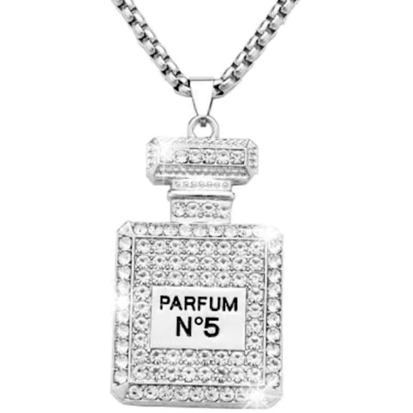 PERFUME BOTTLE SILVER TONE AND RHINESTONE PARFUM NO. 5 NECKLACE - Picture 6 of 6
